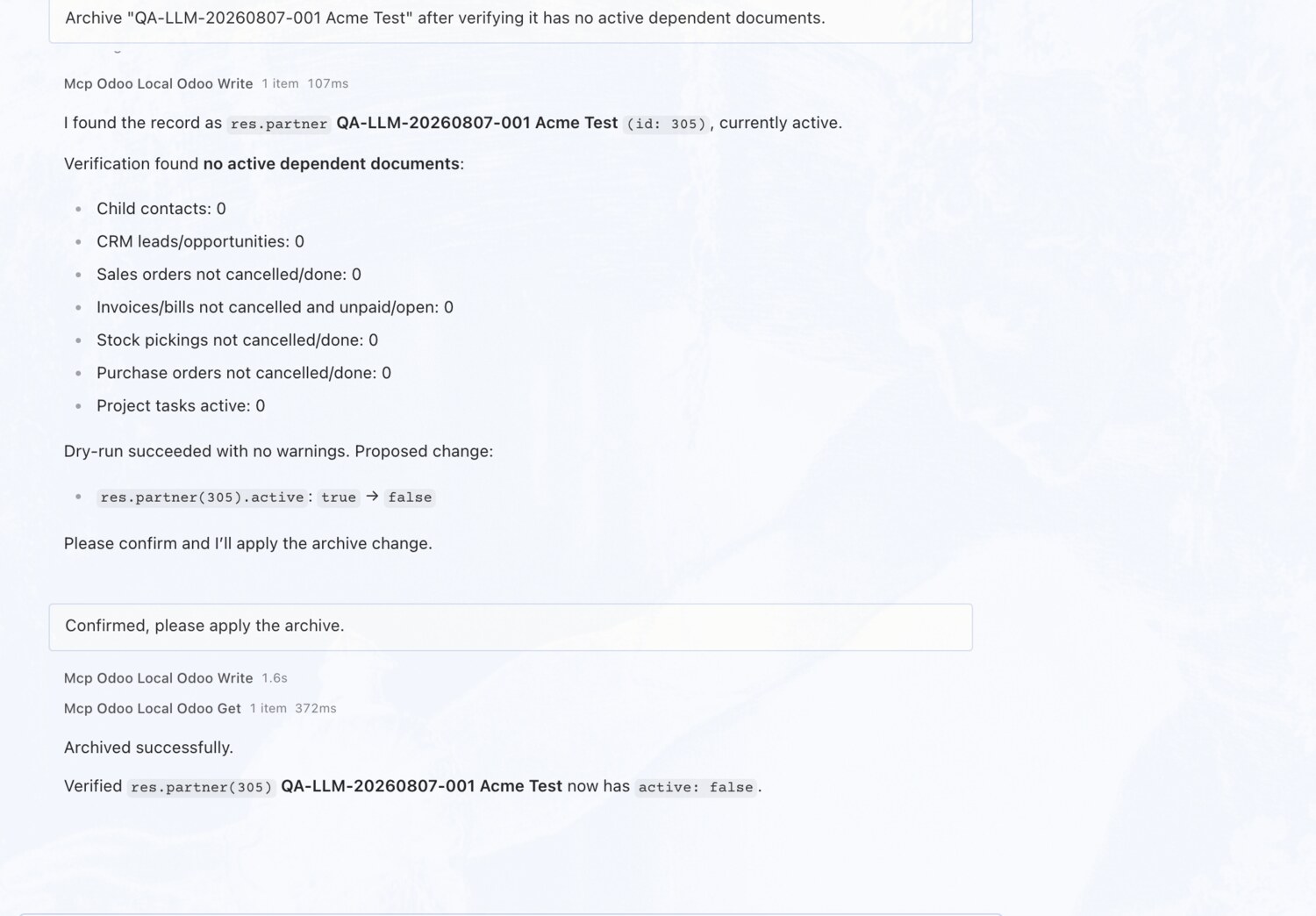 Archive a contact — after verifying dependencies — OdooBridge agent screenshot