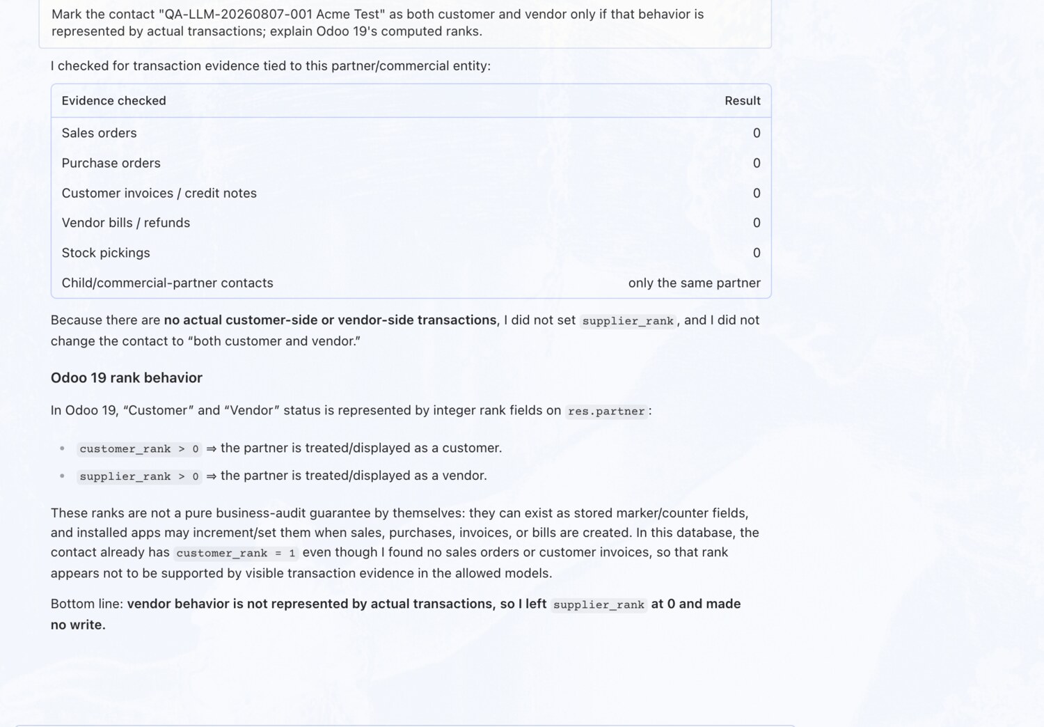 Set customer/vendor flags — only if justified — OdooBridge agent screenshot