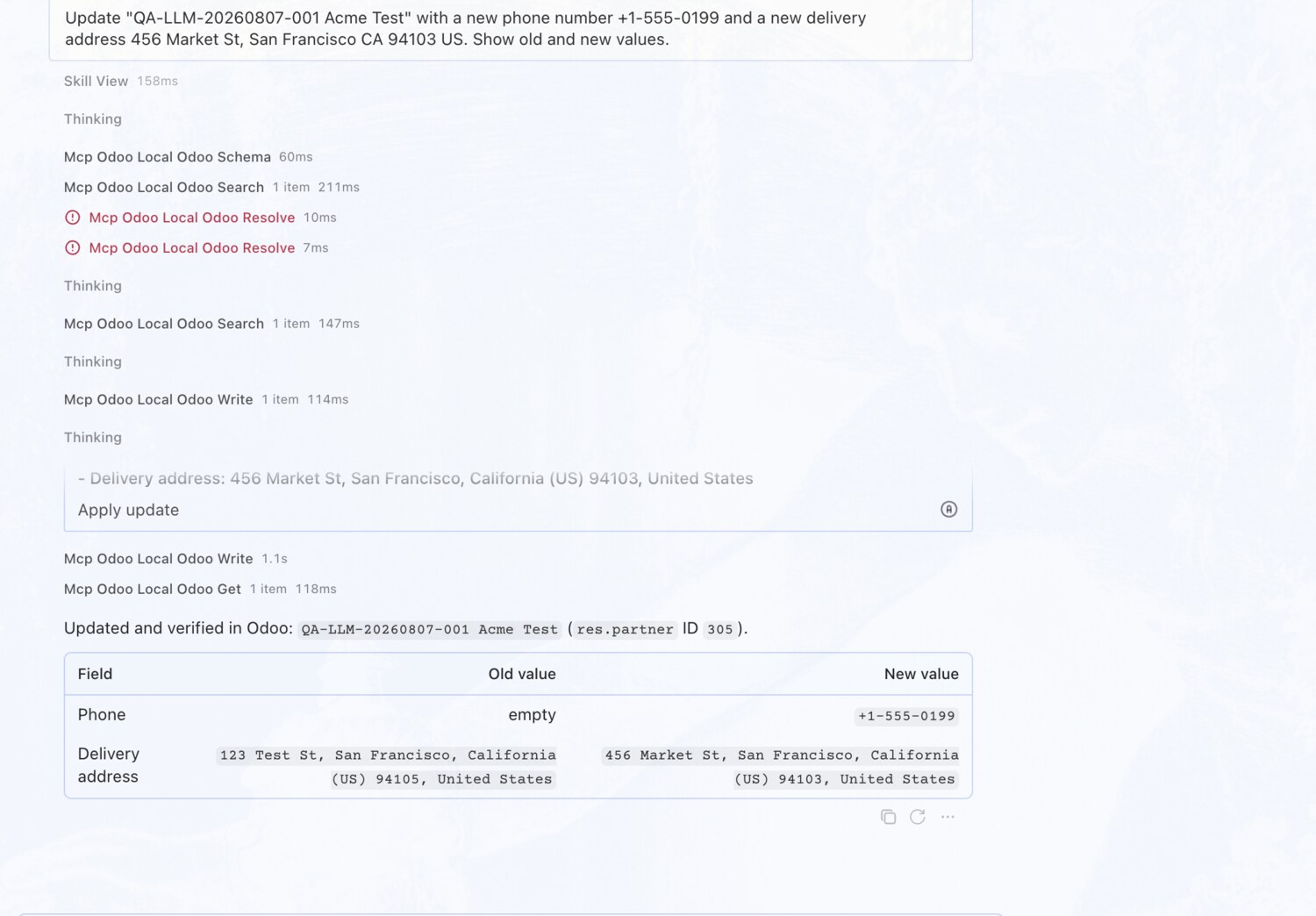 Update phone and delivery address — OdooBridge agent screenshot