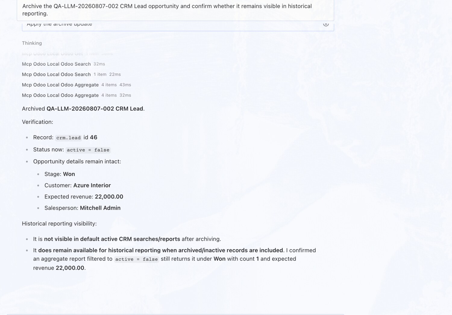 Archive an opportunity, keep it in reporting — OdooBridge agent screenshot