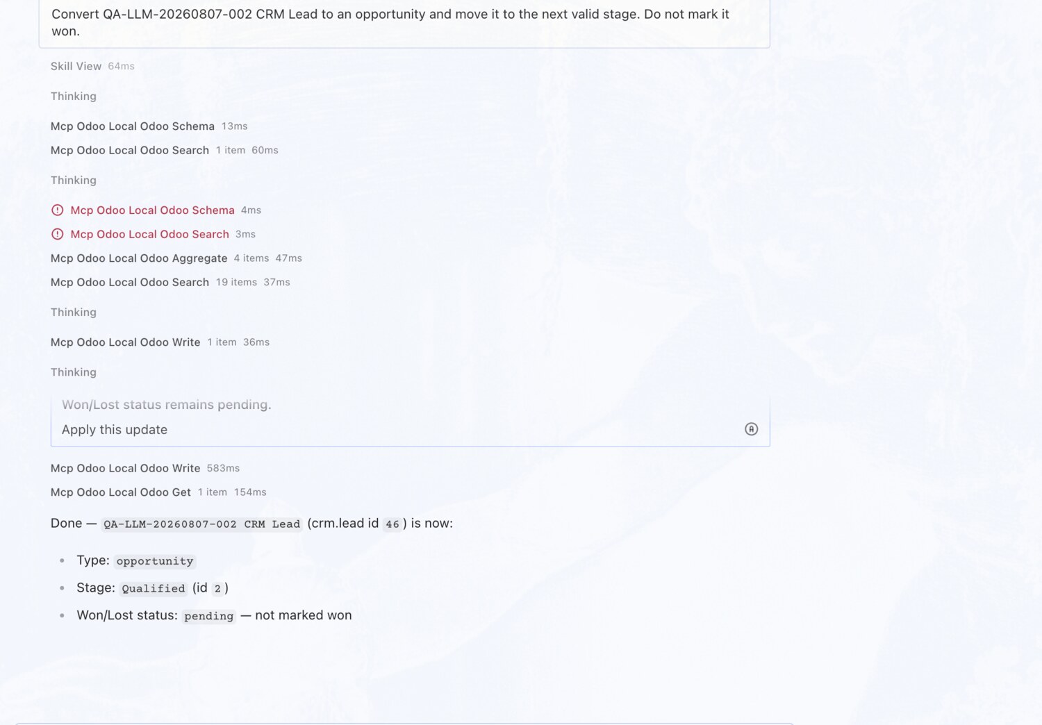 Convert a lead to an opportunity — OdooBridge agent screenshot