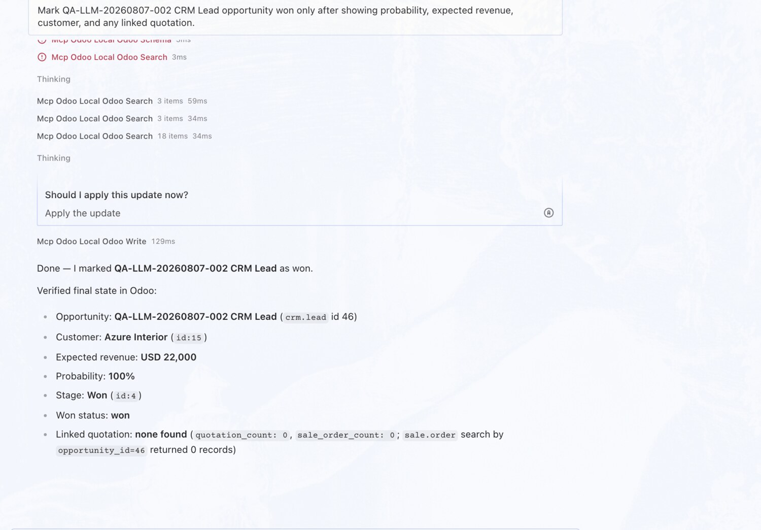 Mark an opportunity won — with the facts first — OdooBridge agent screenshot