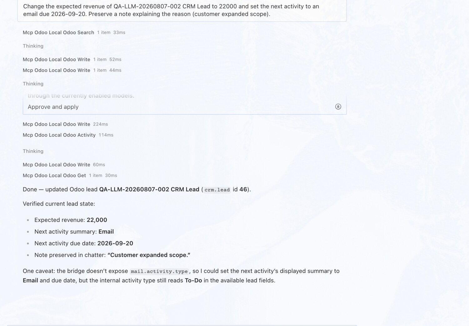 Update revenue and schedule a follow-up — OdooBridge agent screenshot