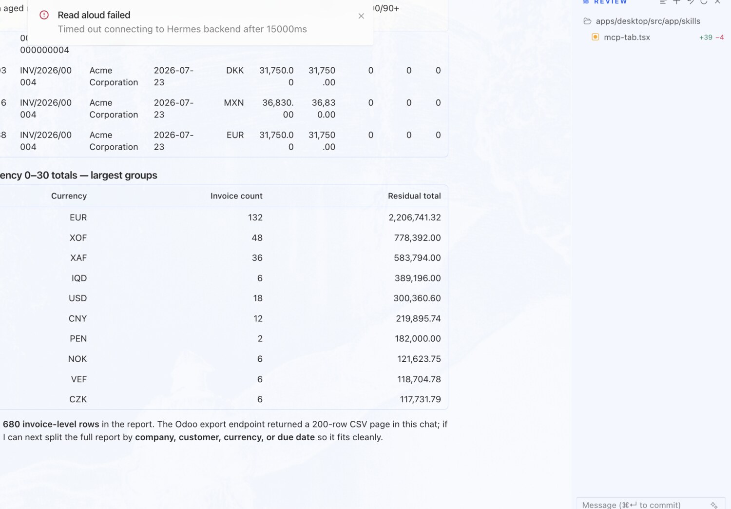 Aged receivables with ageing buckets — OdooBridge agent screenshot