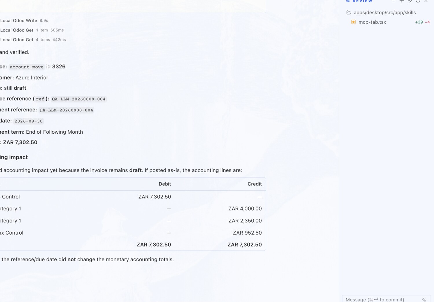 Correct an invoice reference and due date — OdooBridge agent screenshot