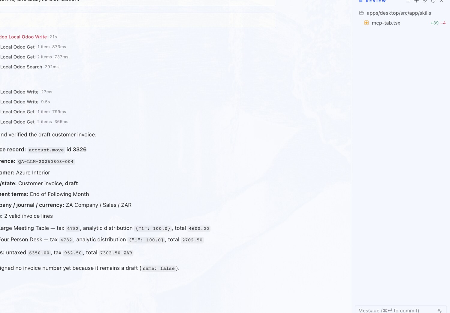 Create a draft customer invoice — OdooBridge agent screenshot
