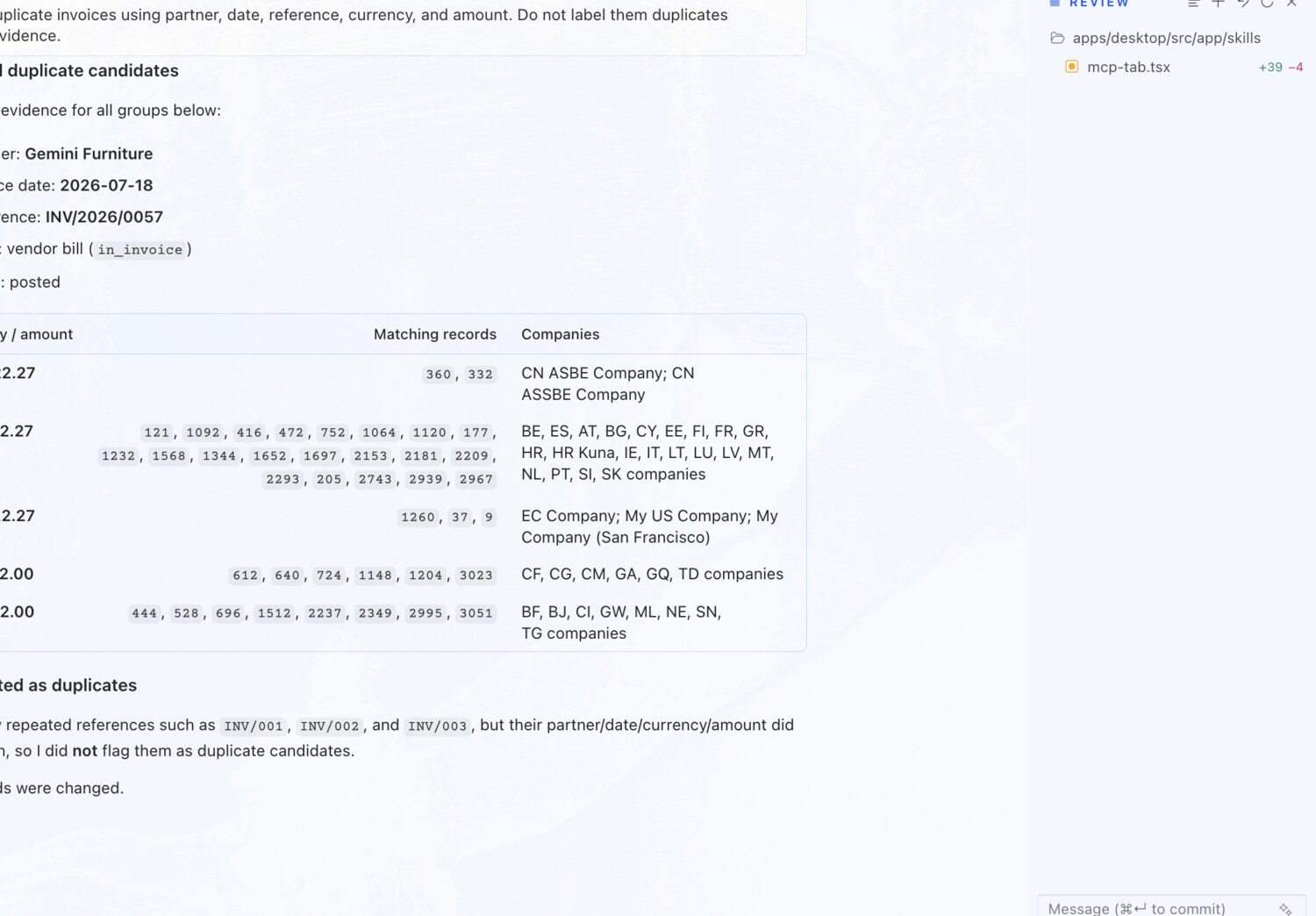 Detect duplicate invoices — with evidence — OdooBridge agent screenshot