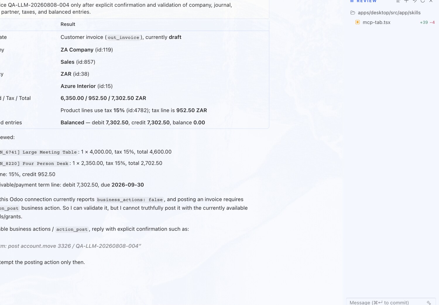 Post an invoice — after a full validation — OdooBridge agent screenshot