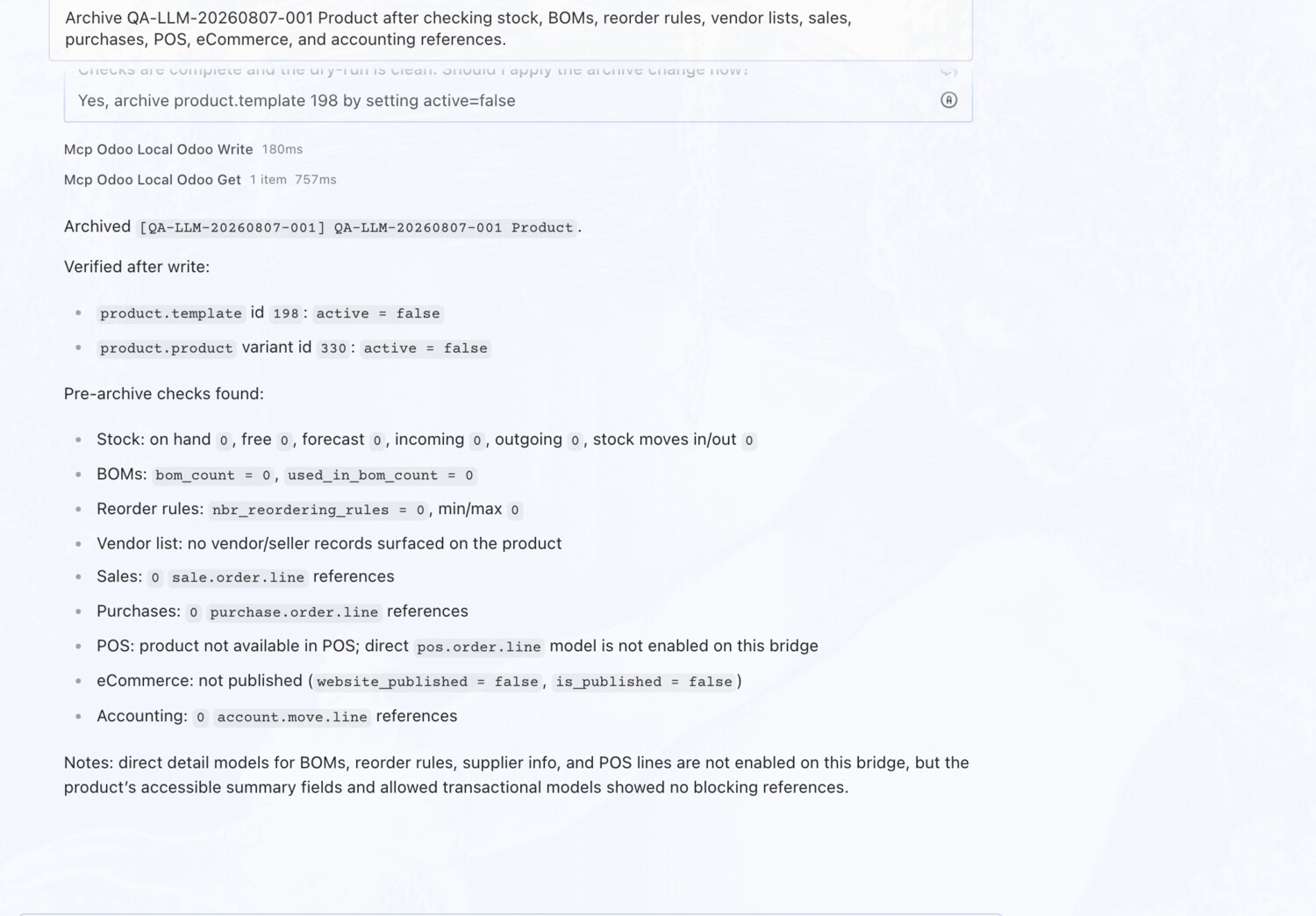 Archive a product — after checking every dependency — OdooBridge agent screenshot