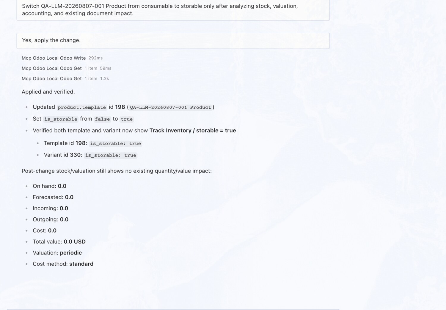 Switch a product to storable — after an impact check — OdooBridge agent screenshot