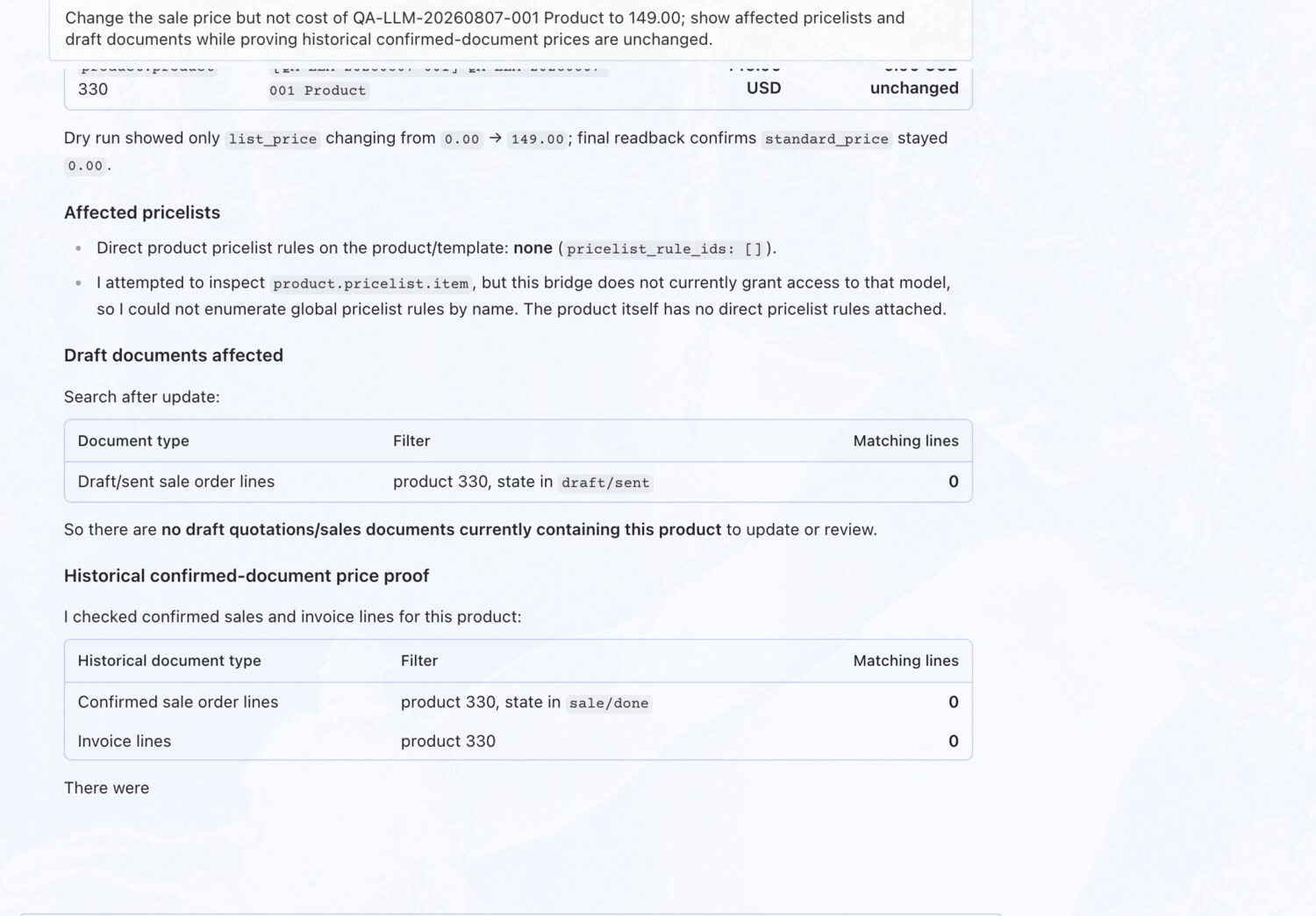 Change a product's sale price (not its cost) — OdooBridge agent screenshot