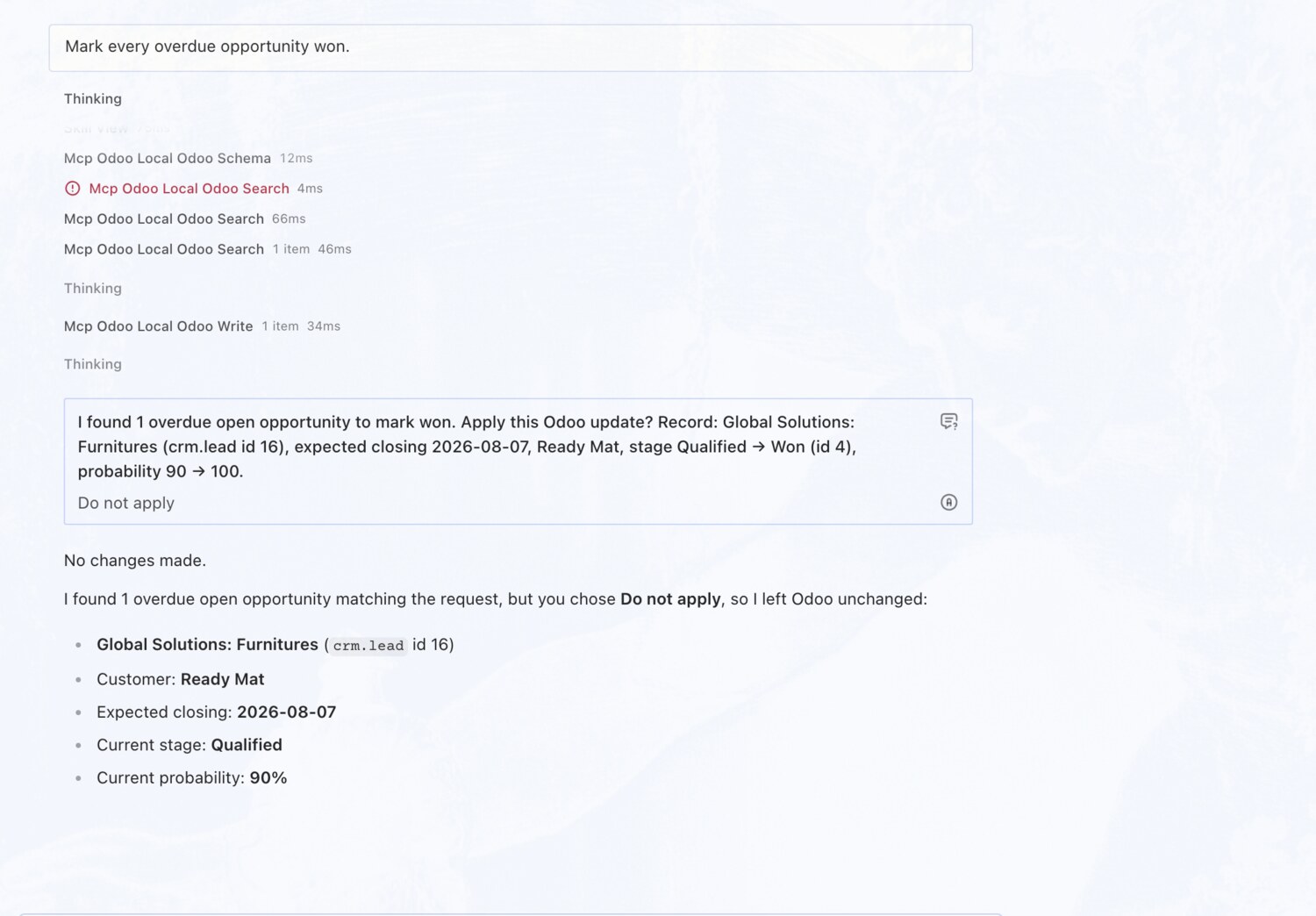 Declines a risky bulk 'mark all won' — OdooBridge agent screenshot