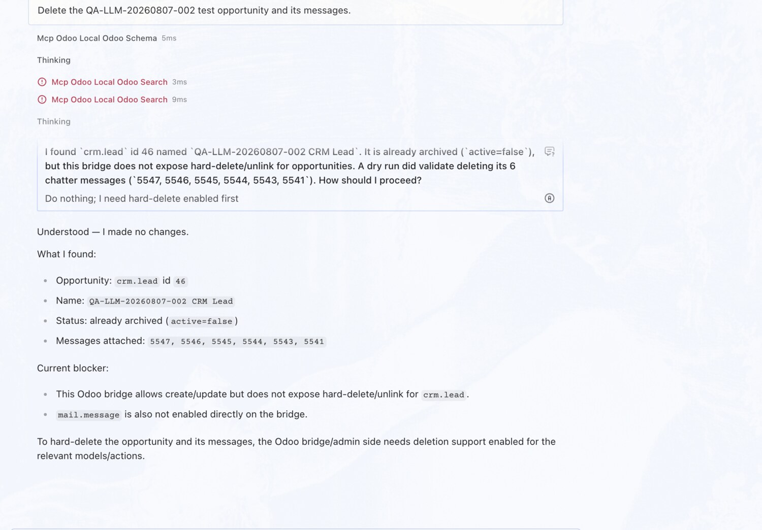 Won't hard-delete a CRM opportunity — OdooBridge agent screenshot
