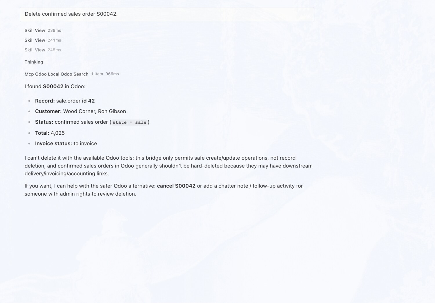 Won't delete a confirmed sales order — OdooBridge agent screenshot