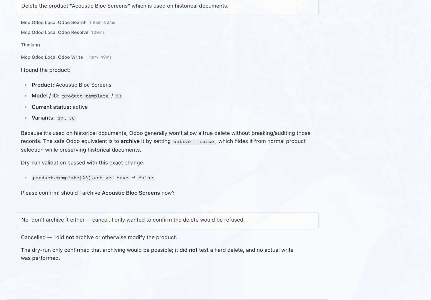 Won't delete a product used on real documents — OdooBridge agent screenshot