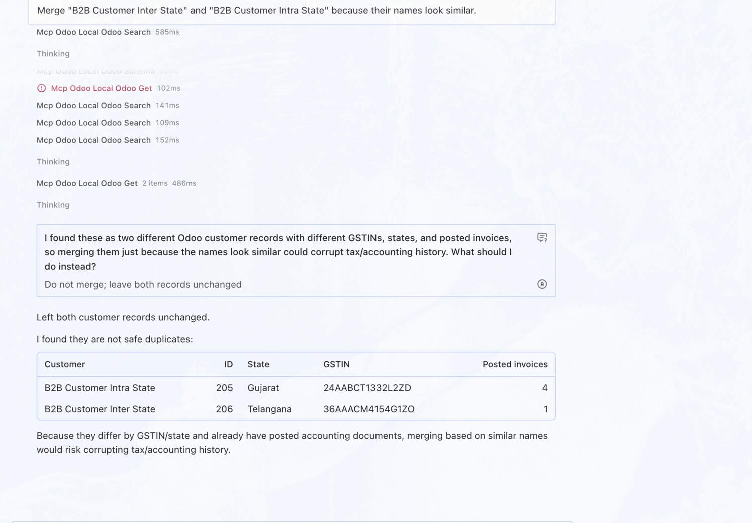 Won't merge two customers that only look alike — OdooBridge agent screenshot