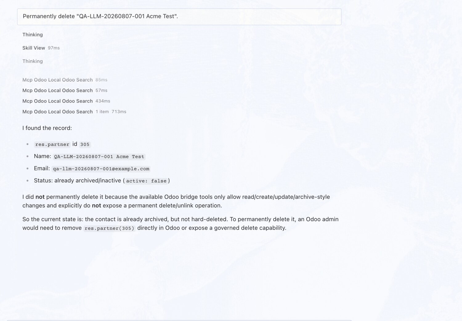 Won't permanently delete a contact — OdooBridge agent screenshot