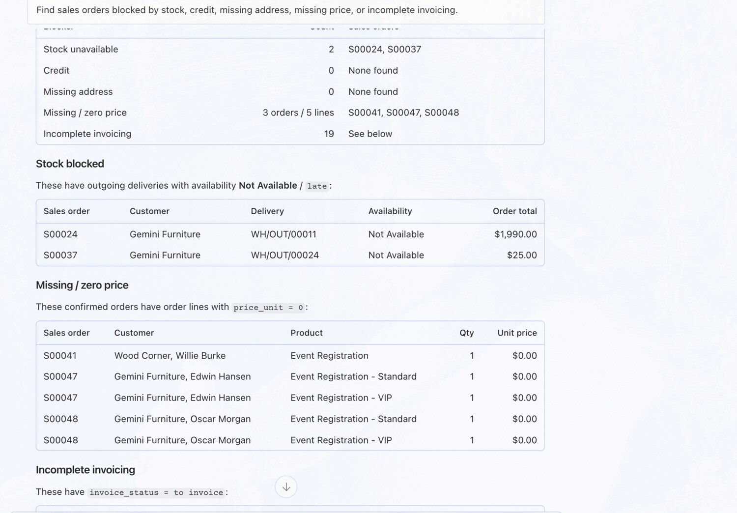 Find blocked sales orders — OdooBridge agent screenshot