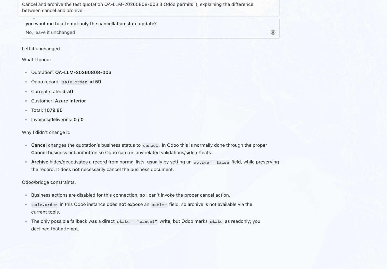 Cancel and archive a quotation — OdooBridge agent screenshot