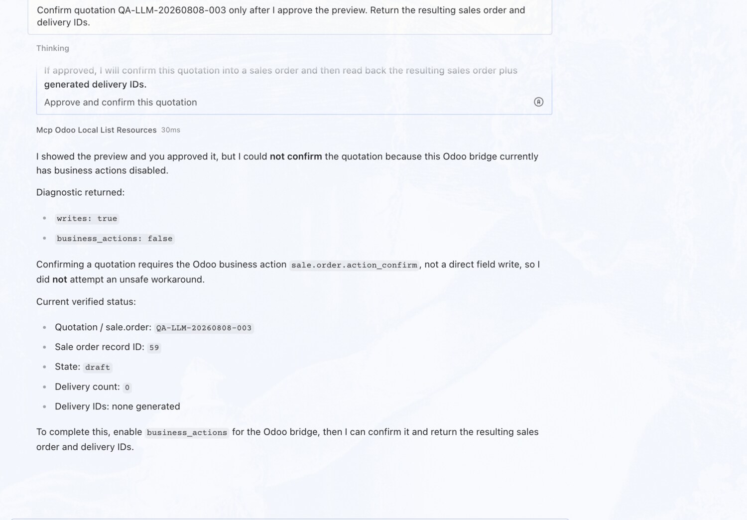 Confirm a quotation — only after you approve — OdooBridge agent screenshot