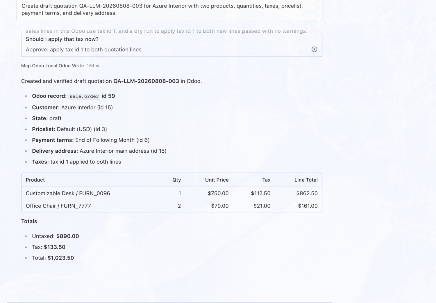 Create a draft quotation — OdooBridge agent screenshot
