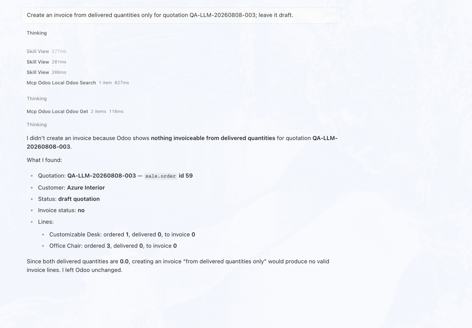 Invoice delivered quantities only — OdooBridge agent screenshot