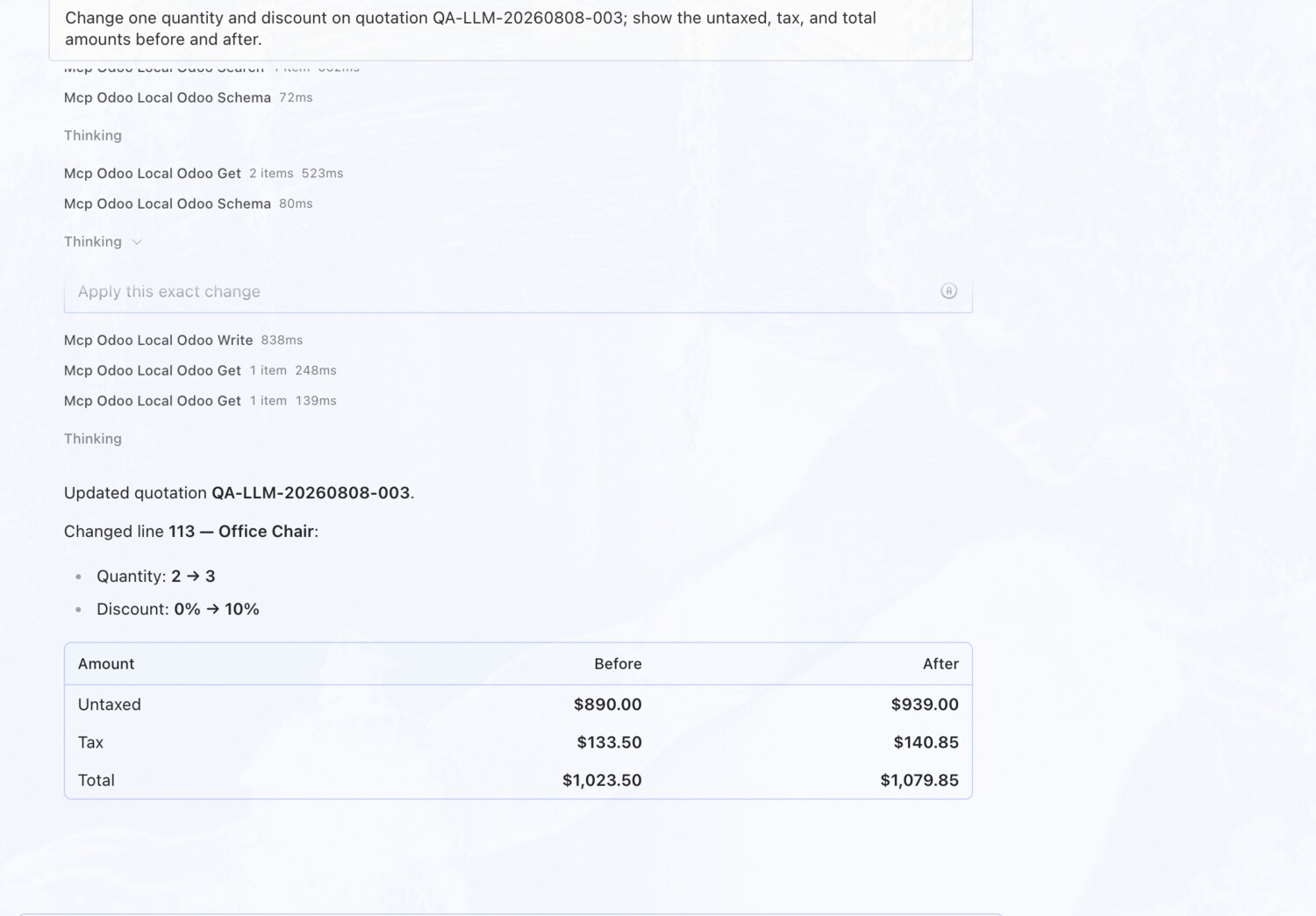 Change a line's quantity and discount — OdooBridge agent screenshot